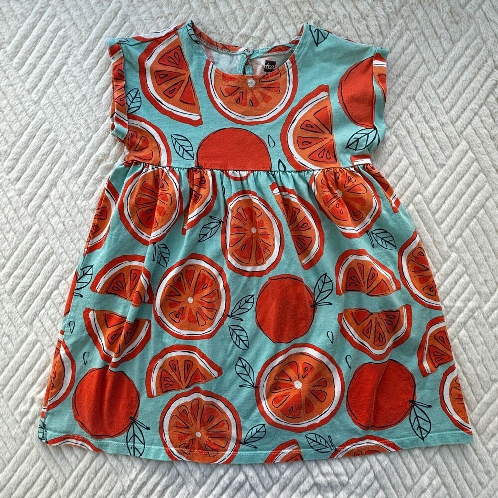 Tea Collection Girls Size 5 Citrus Orange Print Dress Aqua Summer Cotton
